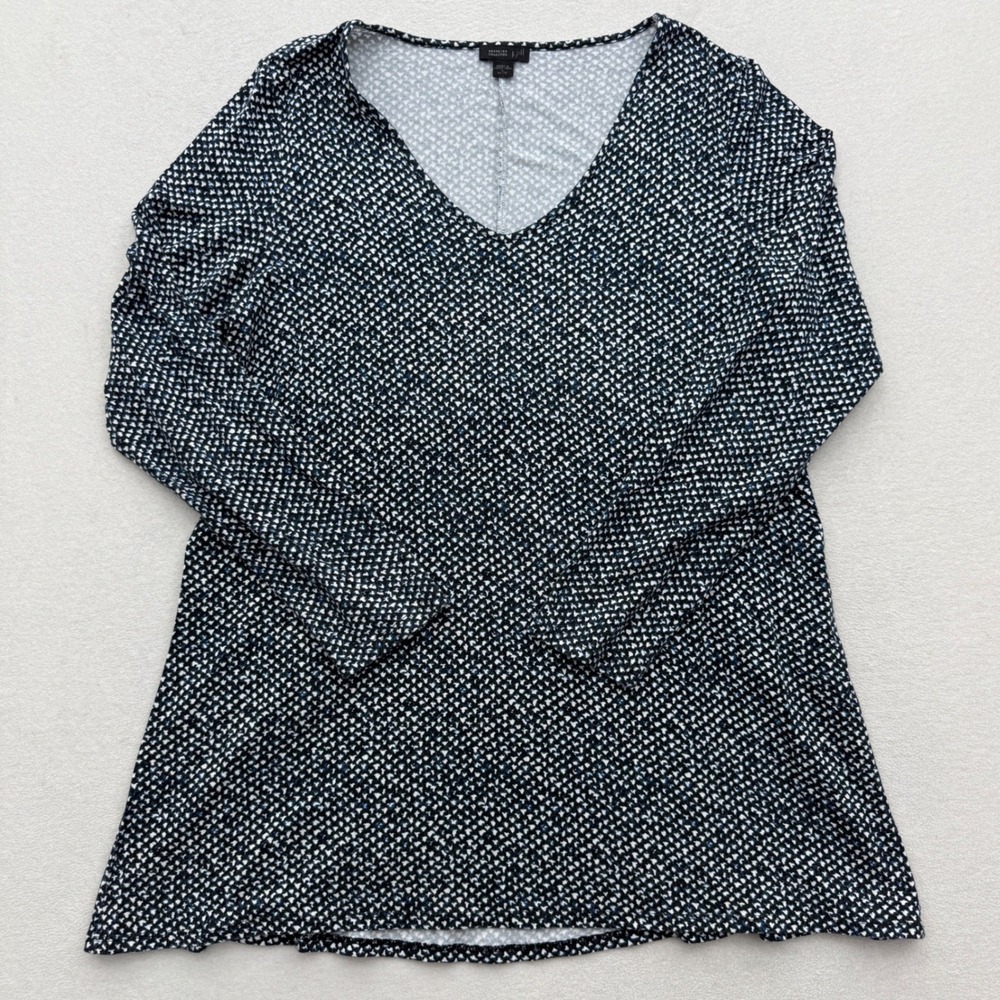 J.Jill Wearever Womens S Small Petite V-Neck Blouse Top Blue Black Geometric - Picture 2 of 8